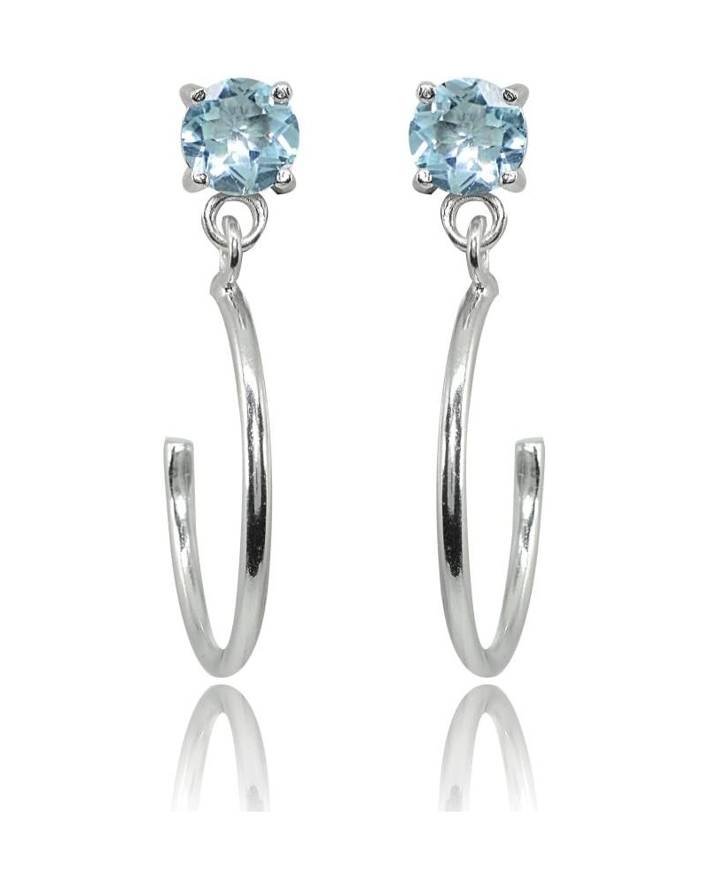 Sterling Silver 4mm Gemstone Dangling Half Hoop Stud Earrings Blue Topaz - Sterling Silver $11.59 Earrings