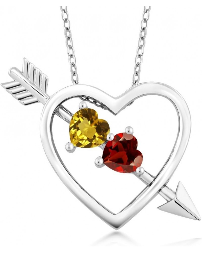 925 Sterling Silver Yellow Citrine and Red Garnet Heart and Arrow Pendant Necklace For Women (1.01 Cttw, Gemstone Birthstone,...