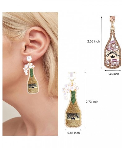 Champagne Fun Earrings Dangling 2 Pairs, Novelty Fashion Funky Champagne Wine Bottle Alcohol Rhinestone Earrings Parties Wedd...