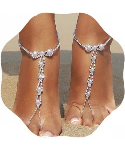 Barefoot Anklet Sandals Rhinestone Pearl Barefoot Sandals Boho Pearl Barefoot Sandals Anklet Beach Wedding Ring Foot Chain Ac...