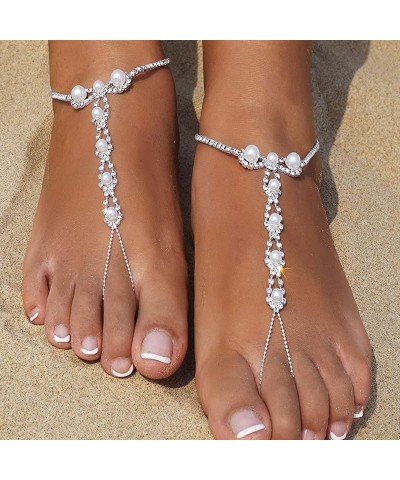 Barefoot Anklet Sandals Rhinestone Pearl Barefoot Sandals Boho Pearl Barefoot Sandals Anklet Beach Wedding Ring Foot Chain Ac...