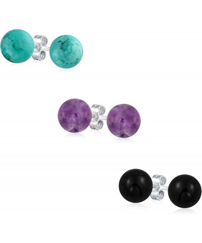 8MM Natural Gemstone Round Bead Ball Stud Earrings .925 Sterling Silver for Women Teens -Variety of Birthstones Multi-color $...