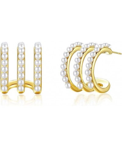 LOKLIFFA 925 Sterling Silver Claw Stud Earrings Pearl Earrings Huggie Hoop Earrings for Women and Girls Triple gold pearl $8....