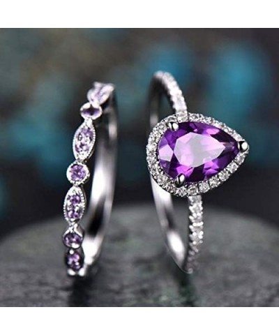 2Pcs Womens Purple CZ Engagement Rings 925 Sterling Silver Shining Amethyst Ring Tear Drop Shape Cubic Zirconia Promise Rings...