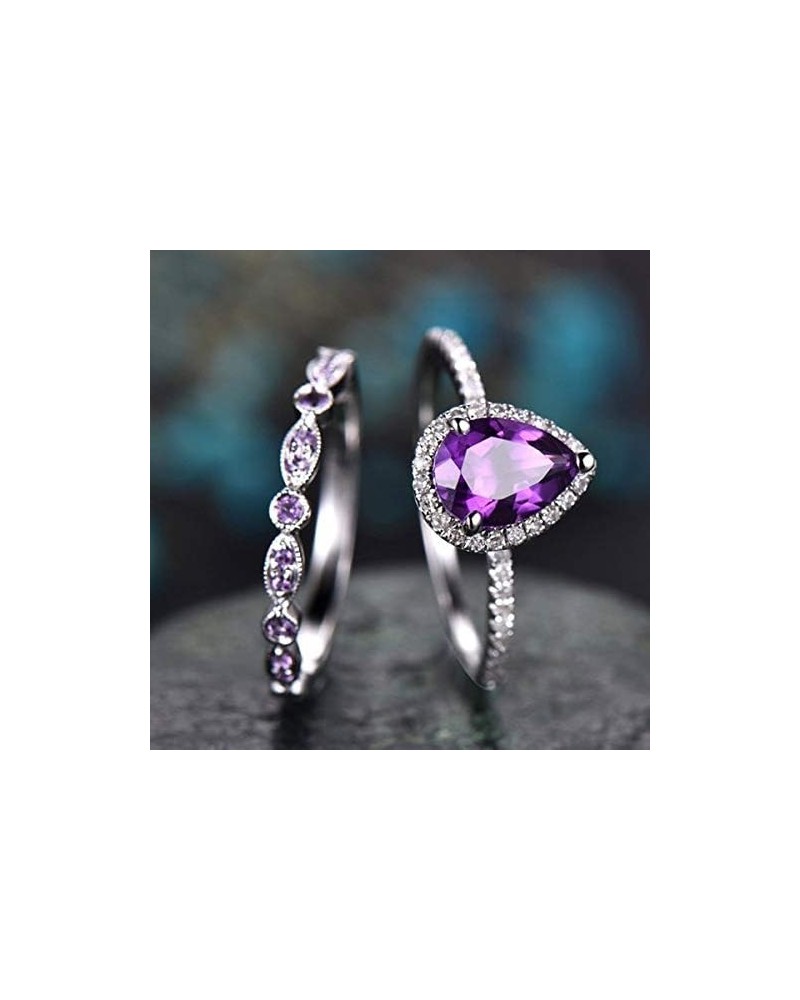 2Pcs Womens Purple CZ Engagement Rings 925 Sterling Silver Shining Amethyst Ring Tear Drop Shape Cubic Zirconia Promise Rings...