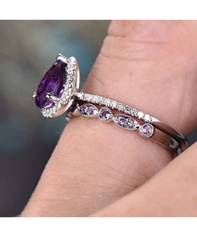 2Pcs Womens Purple CZ Engagement Rings 925 Sterling Silver Shining Amethyst Ring Tear Drop Shape Cubic Zirconia Promise Rings...