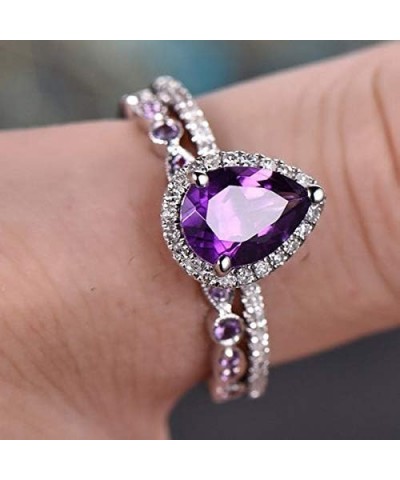 2Pcs Womens Purple CZ Engagement Rings 925 Sterling Silver Shining Amethyst Ring Tear Drop Shape Cubic Zirconia Promise Rings...