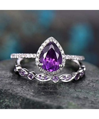 2Pcs Womens Purple CZ Engagement Rings 925 Sterling Silver Shining Amethyst Ring Tear Drop Shape Cubic Zirconia Promise Rings...