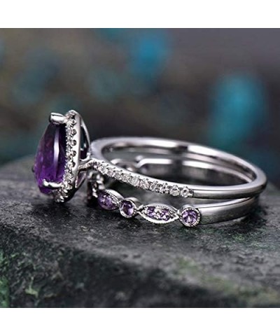 2Pcs Womens Purple CZ Engagement Rings 925 Sterling Silver Shining Amethyst Ring Tear Drop Shape Cubic Zirconia Promise Rings...