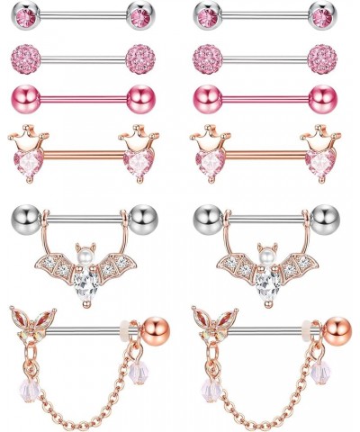 6 Pairs 14G Nipple Rings for Women 316L Stainless Steel Heart Butterfly Moon CZ Flower Barbell Nipple Rings Set Cute Nippleri...