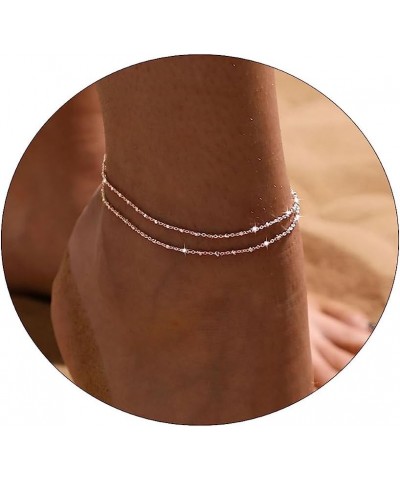 14K Gold Plated Layered Satellite Beads Heart Anklets Layering Rhinestone Cubic Zirconia Ankle Bracelets for Women Minimalist...