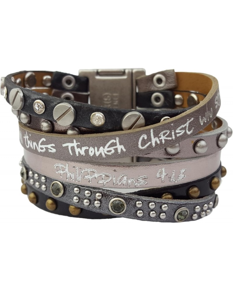 Metallic Black/Pewter Leather Inspired Wrist Bracelet Philippians 4:13 $11.87 Bracelets