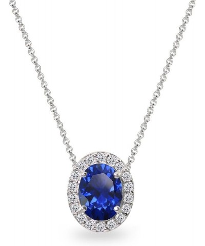 Sterling Silver Genuine or Synthetic Gemstone & CZ Oval Halo Slide Pendant Necklace for Women Bridesmaids Synthetic Blue Spin...