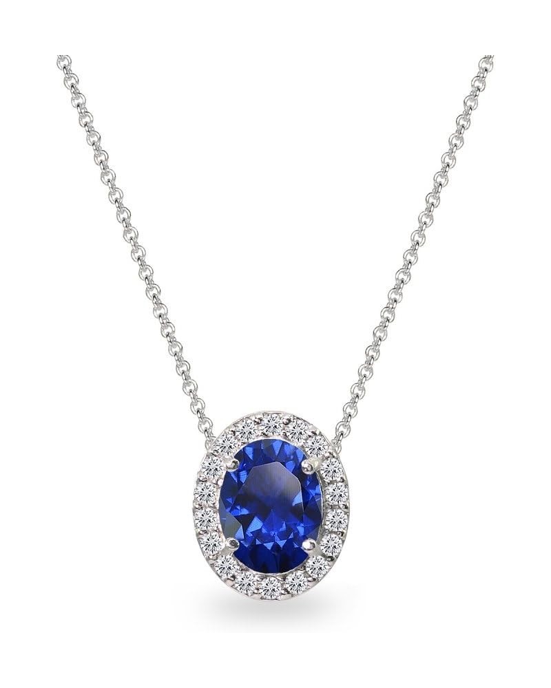 Sterling Silver Genuine or Synthetic Gemstone & CZ Oval Halo Slide Pendant Necklace for Women Bridesmaids Synthetic Blue Spin...