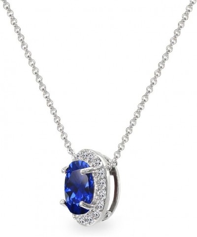 Sterling Silver Genuine or Synthetic Gemstone & CZ Oval Halo Slide Pendant Necklace for Women Bridesmaids Synthetic Blue Spin...