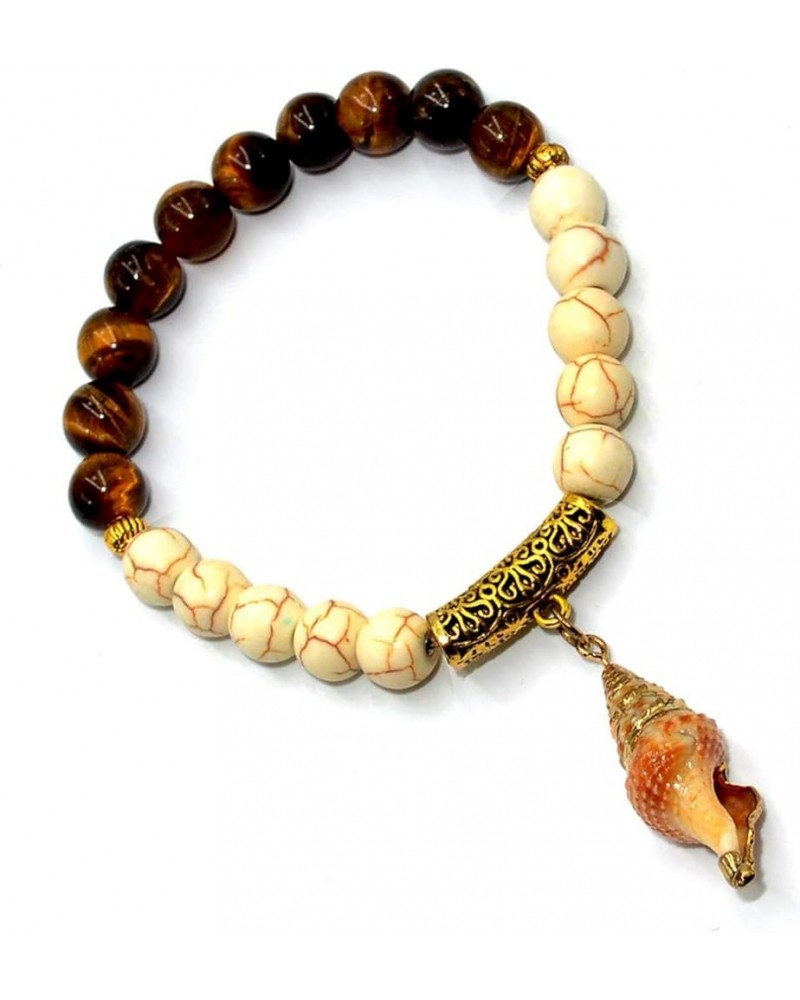 Tiger Eye Natural Stone Bracelet Collection - (Ethnic Wallet Gift) Tiger Eye/Howlite Stone Bead Bracelet with Sea Shell $9.85...