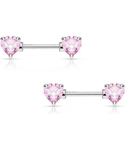 Pair of Nipple Barbells 14G Surgical Steel with Heart Shaped Prong Set CZ Gems Pink $7.30 Others