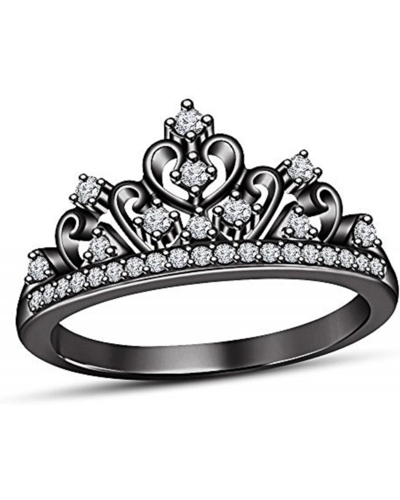 14K Black Rhodium Plated 925 Sterling Silver Cubic Zirconia Round Princess Crown Ring $36.75 Rings