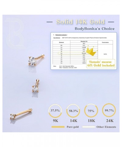 14K Solid Gold Nose Rings - Twist/Bone Style Nose Stud 18G 20G Screw Shaped CZ Post Hypoallergenic Piercing Jewelry Rings for...