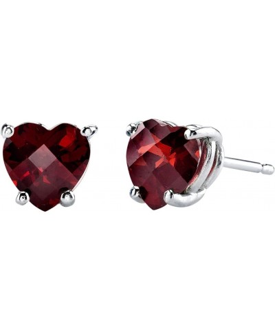 Solid 14K White Gold Garnet Heart Stud Earrings for Women, Genuine Gemstone Birthstone Solitaire Studs, 6mm, 1.75 Carats tota...