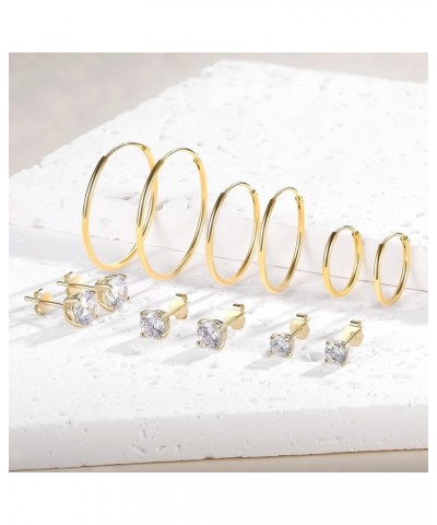 925 Sterling Silver Hoops Huggie Stud Earrings Set Thin Hoops Cubic Zirconia Earrings for Women Pack of 3-6 Pairs 3 Gold Hoop...