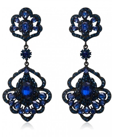 Wedding Bridal Elegant Crystal Flower Teardrop Marquise Chandelier Dangle Earrings for Women 06-Sapphire Color Black-Tone $9....