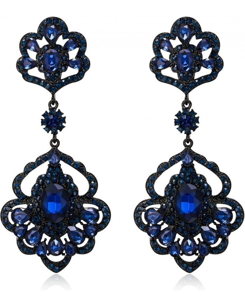 Wedding Bridal Elegant Crystal Flower Teardrop Marquise Chandelier Dangle Earrings for Women 06-Sapphire Color Black-Tone $9....