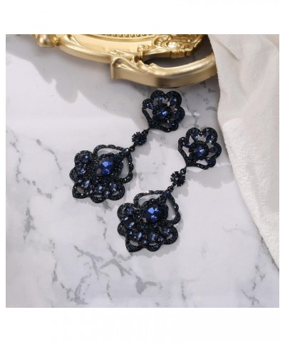 Wedding Bridal Elegant Crystal Flower Teardrop Marquise Chandelier Dangle Earrings for Women 06-Sapphire Color Black-Tone $9....