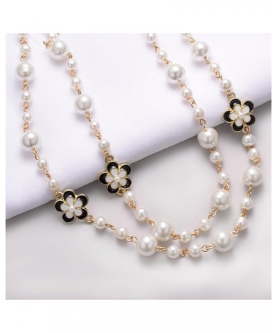 Gold Multi Strand Faux Pearl Necklace for Women Vintage Long White Pearl Necklace Party Costume Jewelry Gifts Flower $11.65 N...