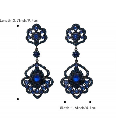 Wedding Bridal Elegant Crystal Flower Teardrop Marquise Chandelier Dangle Earrings for Women 06-Sapphire Color Black-Tone $9....