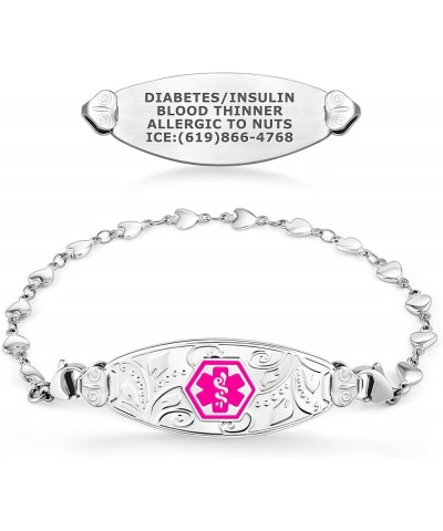 Custom Engraved Lovely Filigree Medical Alert ID Bracelets for Women with Heart Link Chains – Color/Size 6.0 Inches Vivid Red...