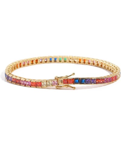 Dazzling 14K Gold Tennis Bracelet Rainbow Square Moissanite Bracelet for her, Best Gift for Special Occasions Yellow Gold 8In...