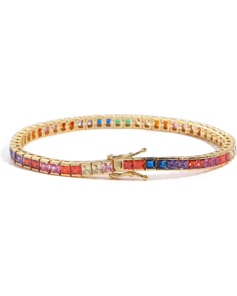 Dazzling 14K Gold Tennis Bracelet Rainbow Square Moissanite Bracelet for her, Best Gift for Special Occasions Yellow Gold 8In...