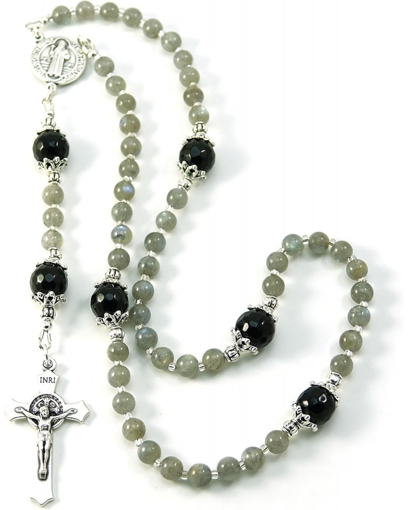 Saint Benedict Crucifix and Rosary Center Prayer Beads Labradorite Gemstone Catholic Rosary Blessed with Anointing Oil (Not a...