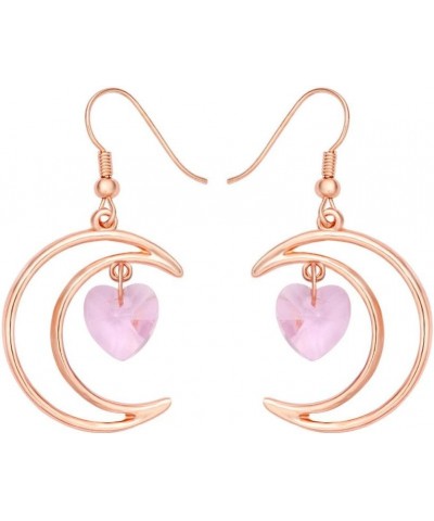 Irish Crescent Half Moon Heart Crystal Hook Dangle 14K Gold Plated Earrings Necklace Set 3 Tone Pink Earing rose-gold-plated-...