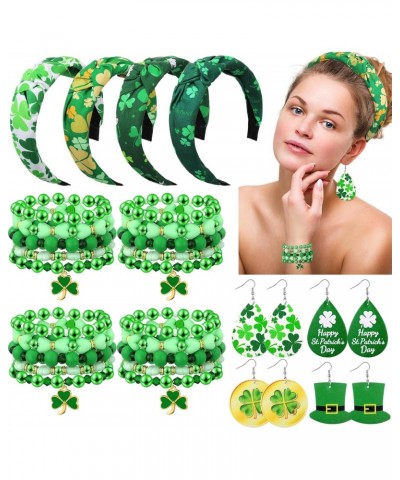 4 Pcs St. Patrick's Day Headband Green Shamrock Pattern Hairband 4 Pairs St. Patrick's Day Shamrock Teardrop Dangle Faux Leat...