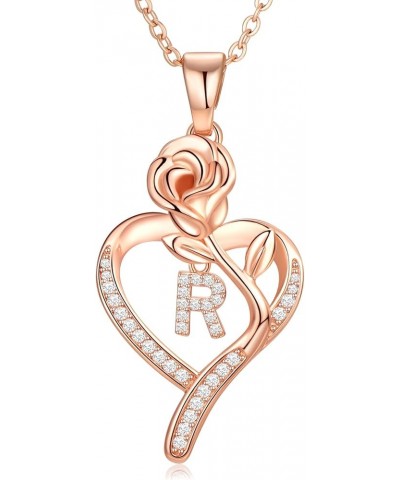 Rose Heart Initial Necklaces for Women, Initial Letter Pendant Necklace with 5A Cubic Zirconia, Mothers Day Anniversary Valen...