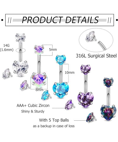 5Pcs 14G Surgical Steel Belly Button Rings Double Heart Navel Rings Cubic Zirconia Belly Rings Belly Piercing Jewelry with Ex...