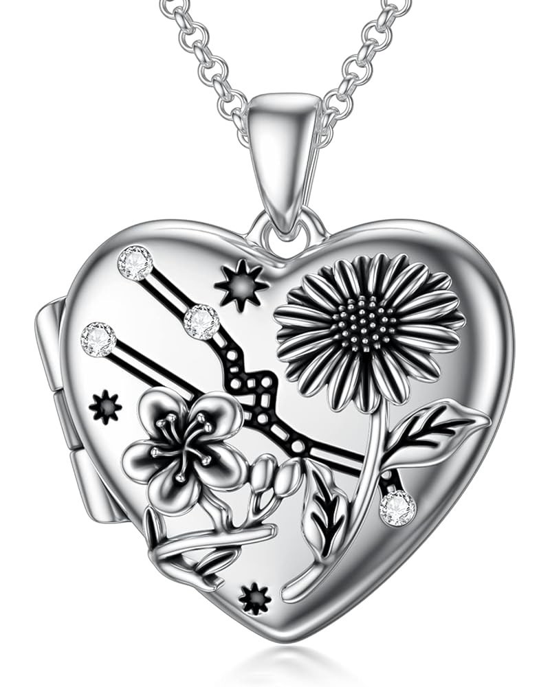 Heart Birth Flowers Zodiac Locket Necklace That Holds Picture Sterling Silver Personalized Various Months Constellation Photo...