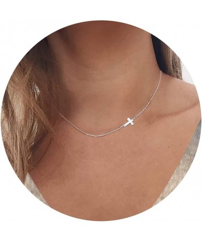 14k Small and Dainty Gold Cross Necklaces for Women，Elegant Tiny and Sideways Designs in Gold silver short side $9.68 Necklaces