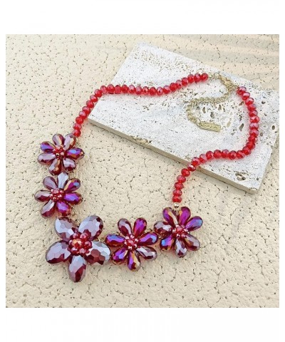 Statement Collar Necklace with 5 Crystal Beads Flower Pendant for Women Party Gift Red AB $12.17 Necklaces