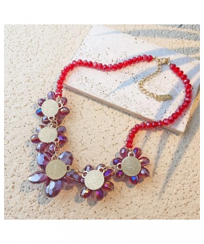 Statement Collar Necklace with 5 Crystal Beads Flower Pendant for Women Party Gift Red AB $12.17 Necklaces