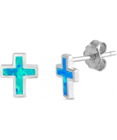 Simulated Opal Christian Cross Stud Earring Sterling Silver Blue $12.31 Earrings