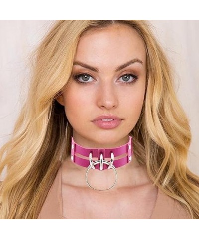 Punk Leather Choker Collar Gothic 2-tier Circle Ring Necklace Soft PU Leather Rave Party Chokers for Women and Girls (red) ro...