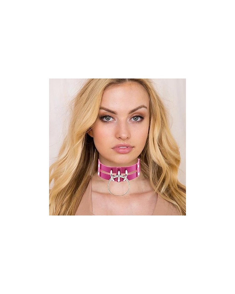 Punk Leather Choker Collar Gothic 2-tier Circle Ring Necklace Soft PU Leather Rave Party Chokers for Women and Girls (red) ro...