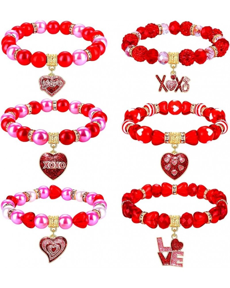 3PCS Valentine's Day Bracelets Red Heart Charms Bracelets for Women Girls Crystal Pearl Beaded Stretch Bracelet Set Festive B...