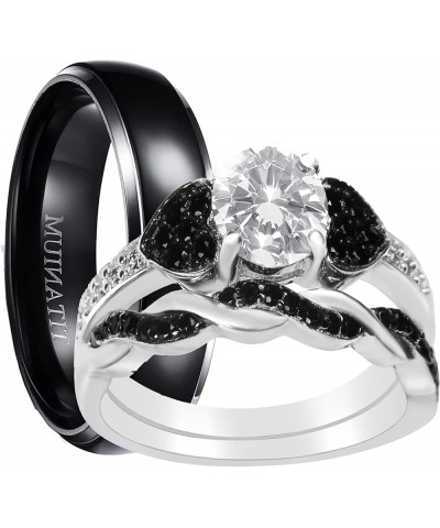 His and Hers 3 Piece Trio Sterling Silver Black Titanium Wedding Band Engagement Ring Set Her 06-His 8 $46.55 Sets