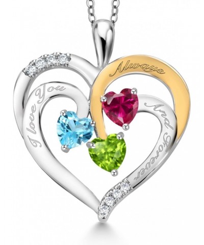 2 Tone Swiss Blue Topaz Red Created Ruby Green Peridot Created Moissanite `I love you always and forever` Engraved Pendant Ne...