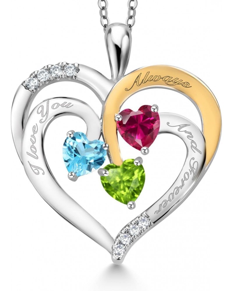 2 Tone Swiss Blue Topaz Red Created Ruby Green Peridot Created Moissanite `I love you always and forever` Engraved Pendant Ne...