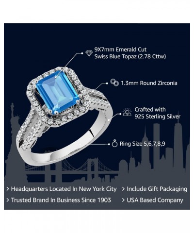 925 Sterling Silver Swiss Blue Topaz Engagement Ring For Women (2.78 Cttw, Gemstone Birthstone, Emerald Cut 9X7MM, Available ...